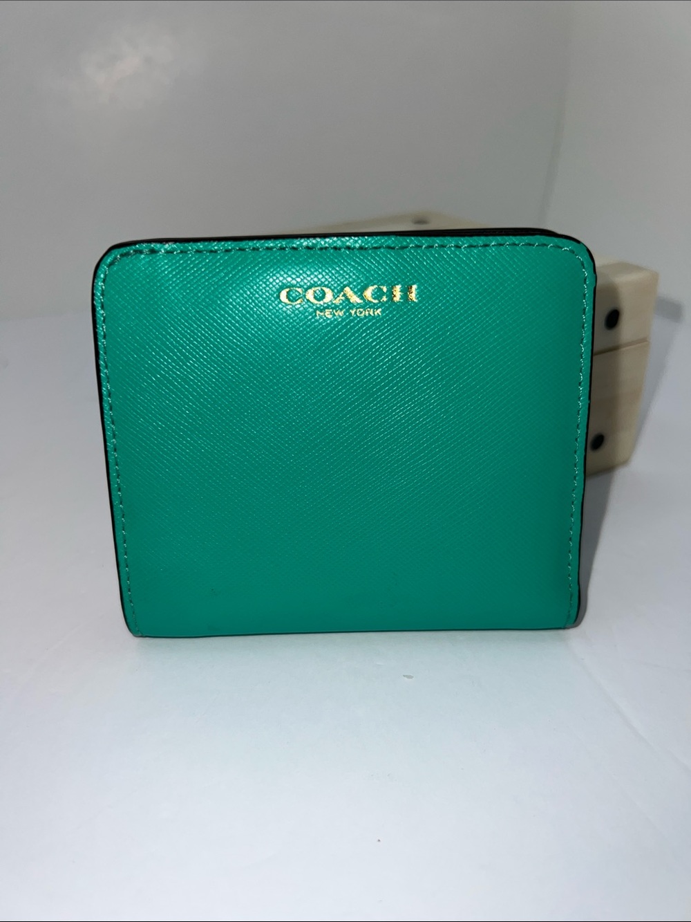 Coach Small Leather Card Case in Teal Green with Gold Logo
